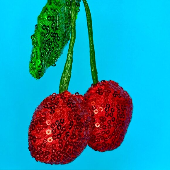 DiscoFruits Plush Sparkly Sequin Statement Disco Cherry Earrings in Red & Green - Picture 4 of 5